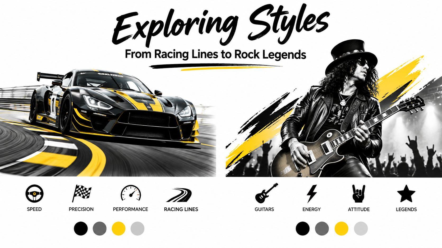 A dual-themed graphic showcasing a high-speed yellow and black race car and a rock guitarist performing on stage.