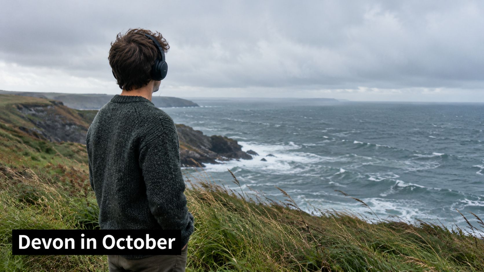 A person wearing headphones and a green sweater looking out at the dramatic ocean coastline in Devon.