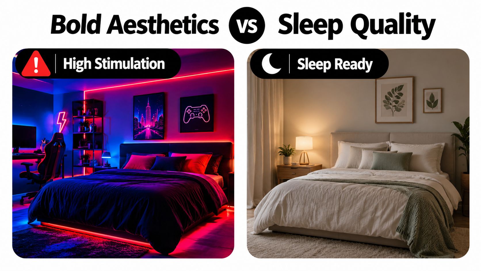 A side-by-side comparison of a neon-lit bedroom gaming setup versus a peaceful, warm-toned sleep-ready bedroom.