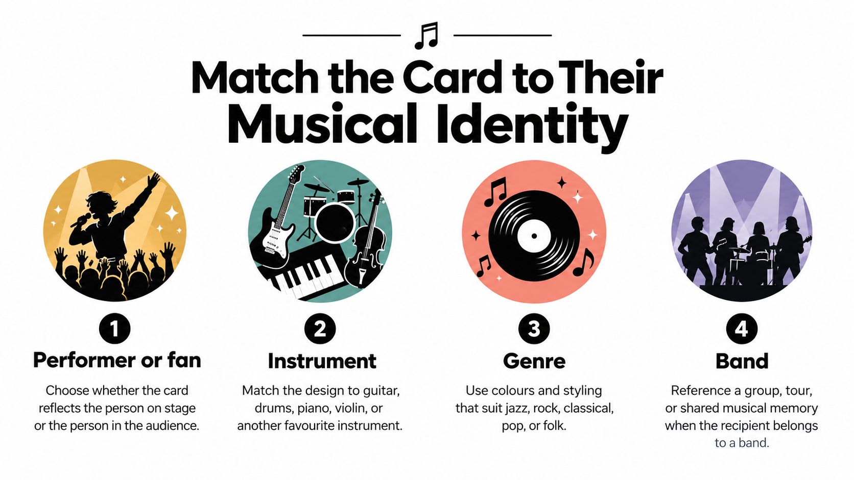 An infographic titled Match the Card to Their Musical Identity featuring icons for performers, instruments, genres, and bands.