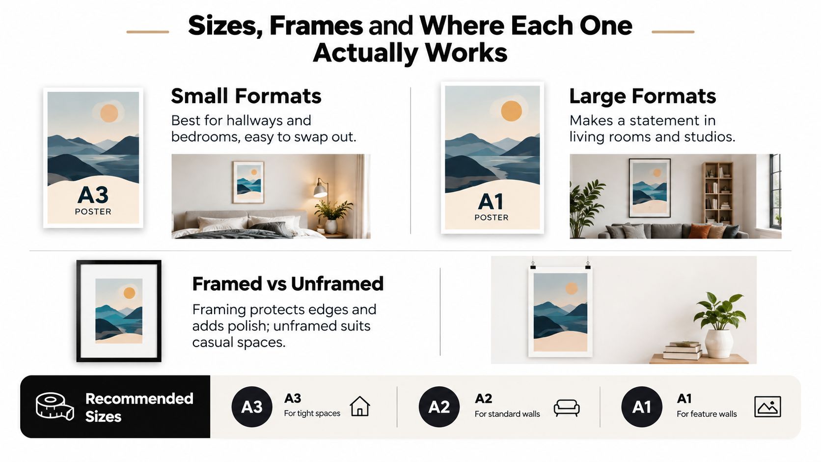 An infographic illustrating various poster sizes, including A1, A2, and A3, for different interior living spaces.