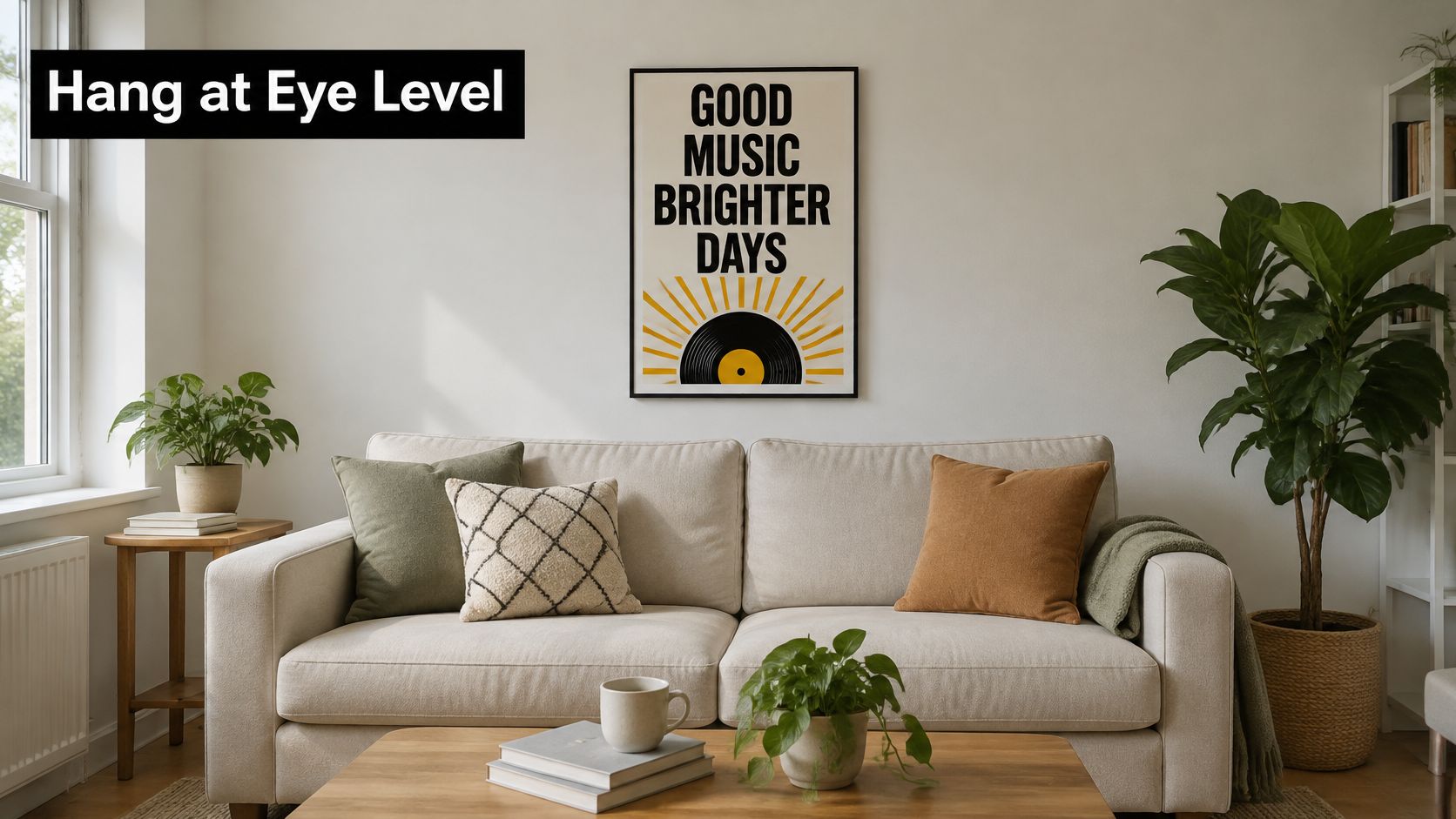 A cozy living room featuring a modern beige sofa decorated with colorful cushions and a poster.