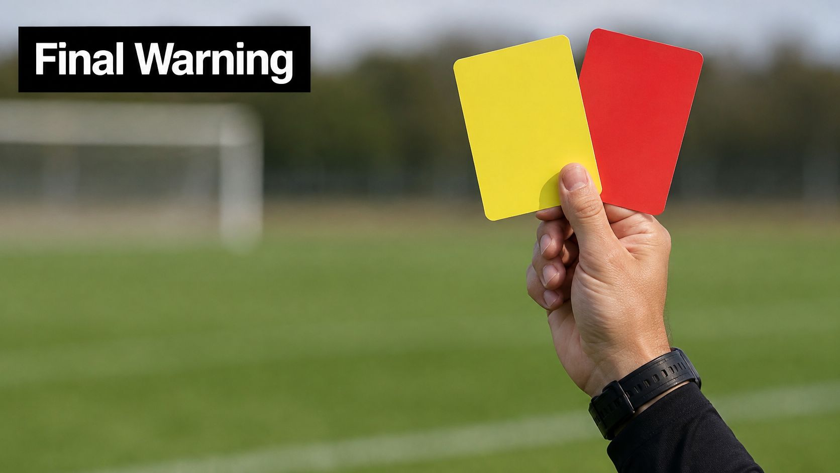 A soccer referee's hand holds up a yellow card and a red card against a sports field.
