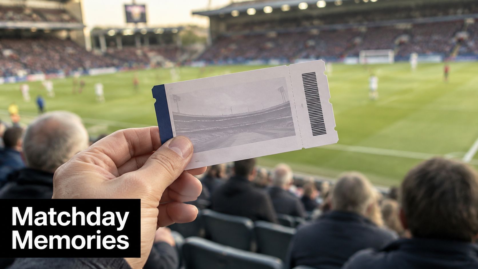 A person holding a ticket featuring a stadium image at a real football match in a stadium.