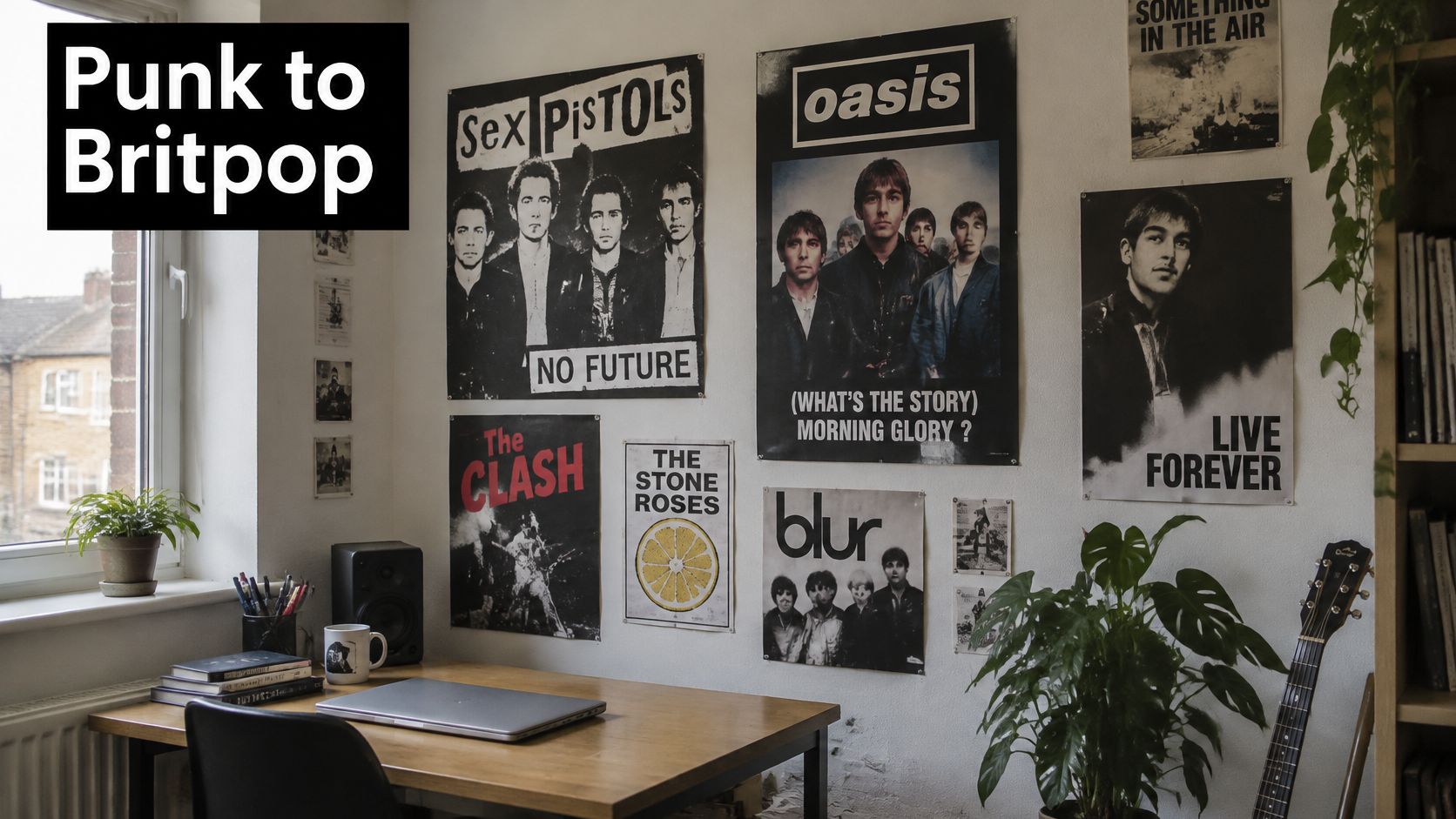 A cozy desk area decorated with iconic alternative rock and punk band posters on the wall.