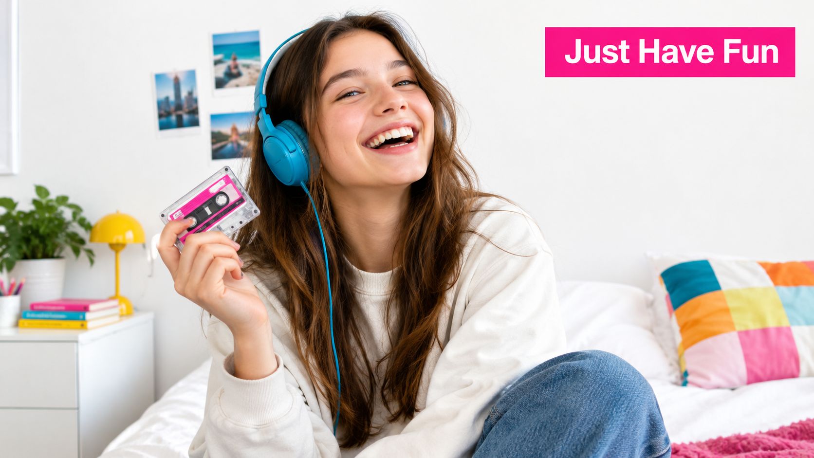 A happy young woman with headphones holding a pink cassette tape while relaxing on her bed
