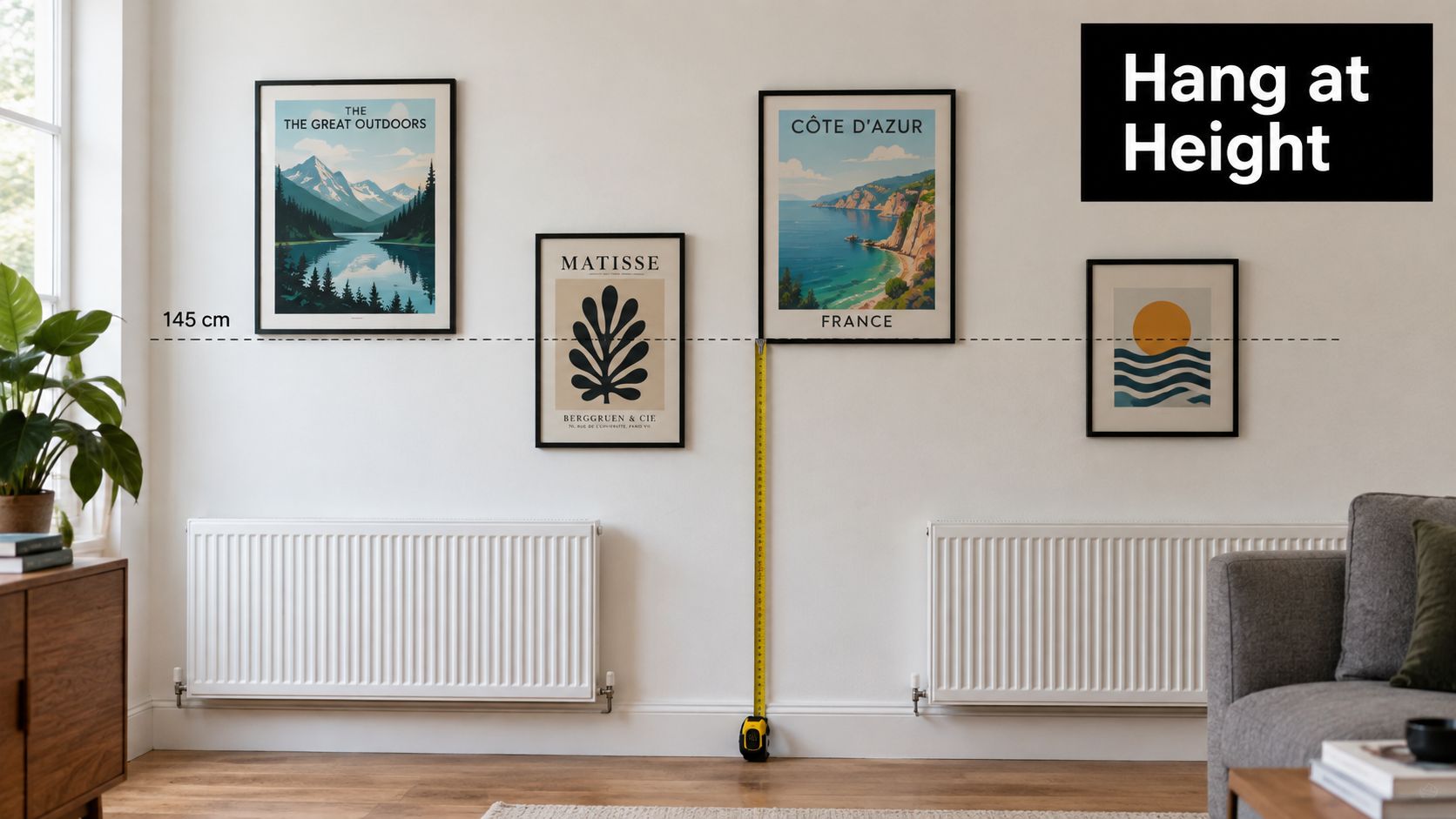 A measuring tape showing a 145 cm height line for hanging framed art posters in a living room.