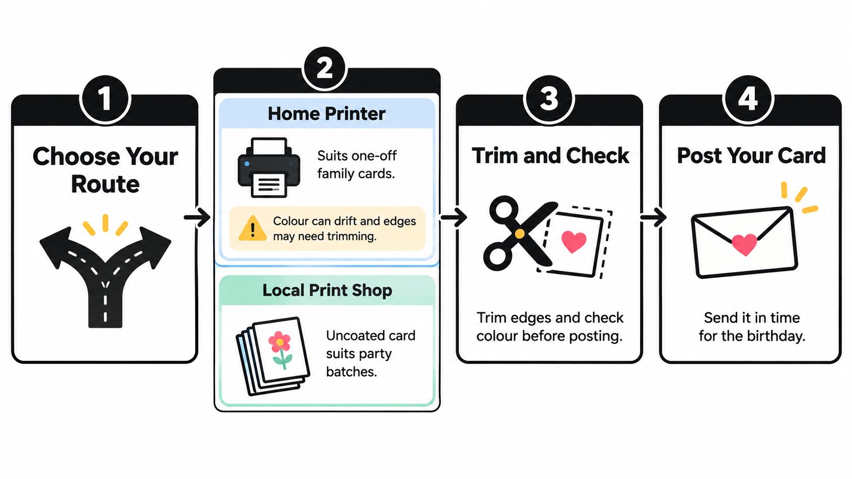 A four step infographic showing the process of choosing, printing, trimming, and posting birthday cards.