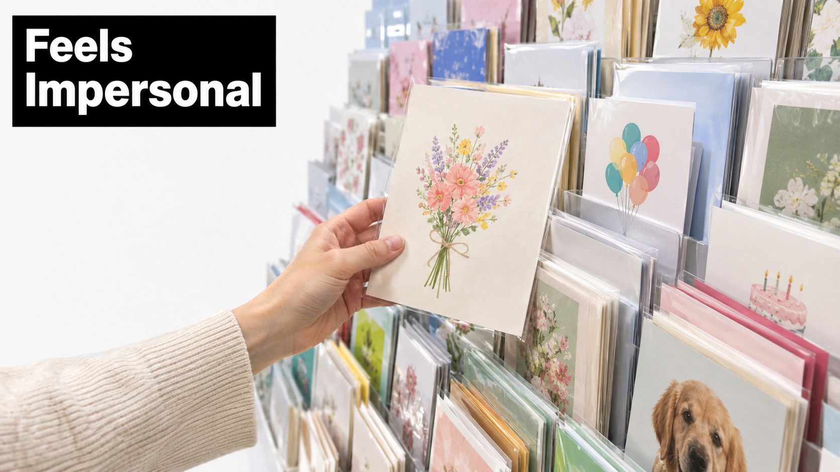 A hand selecting a floral greeting card from a display rack full of assorted greeting cards.