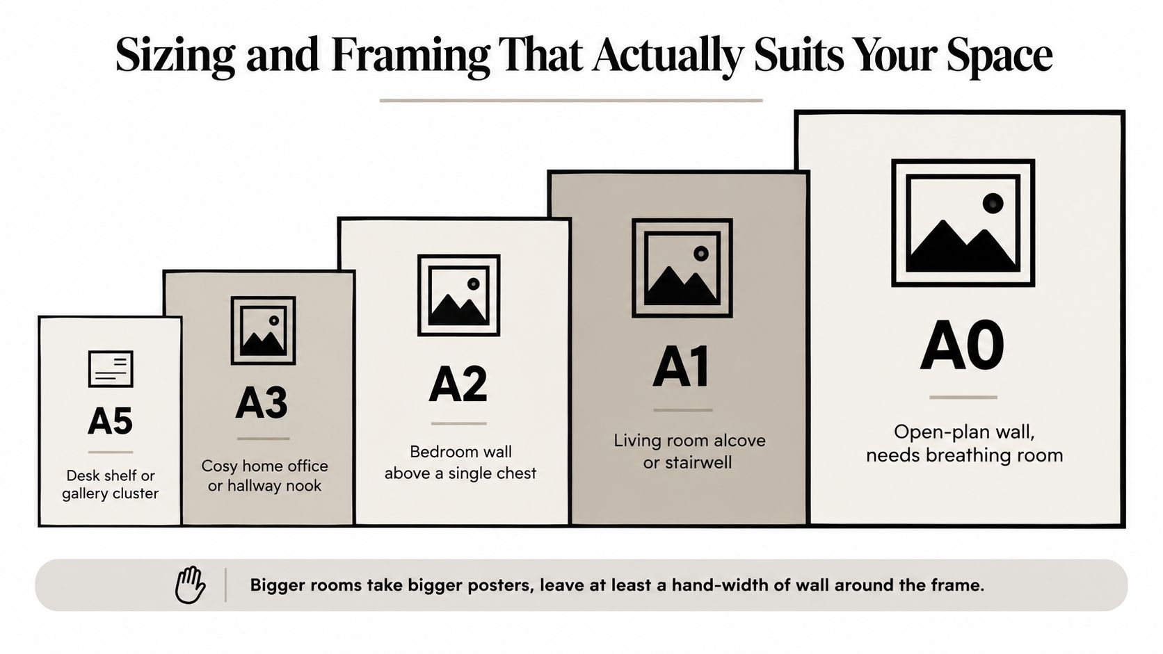 A sizing guide infographic comparing poster sizes from A5 to A0 for different home interior spaces.