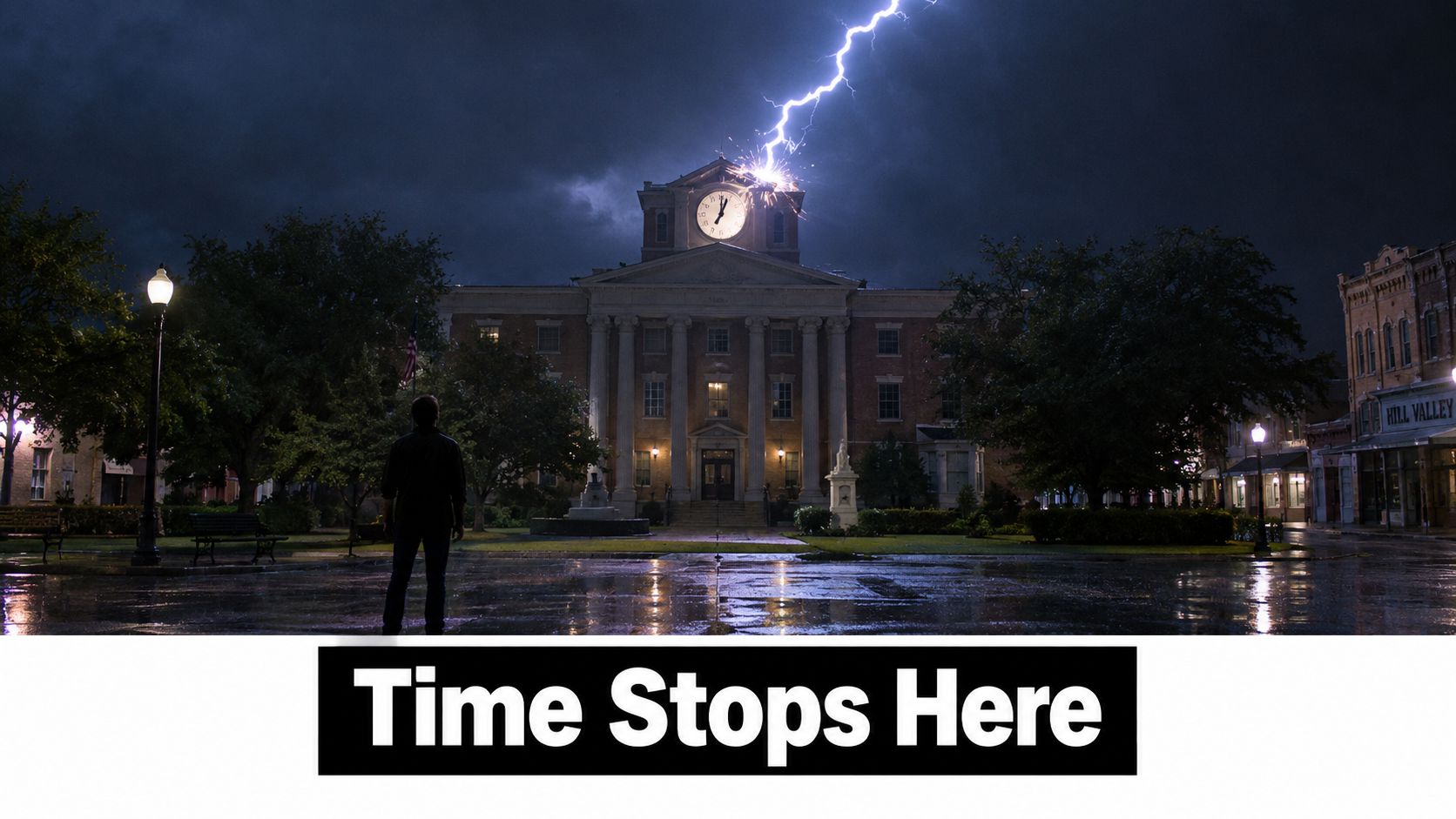 A person standing in a town square watching a lightning bolt strike the historic Hill Valley clock tower.