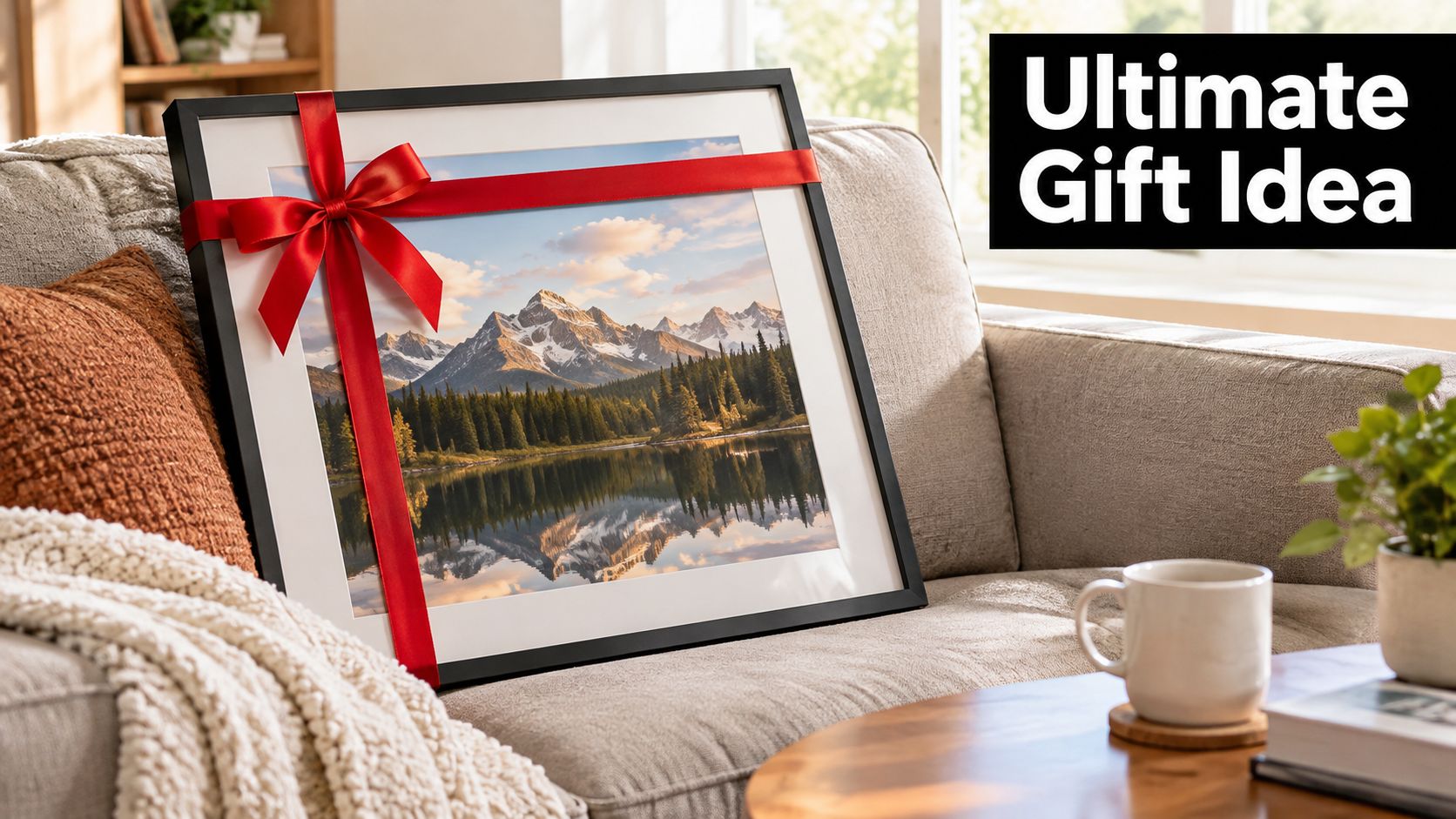A framed mountain landscape photography print wrapped with a red ribbon on a cozy couch.