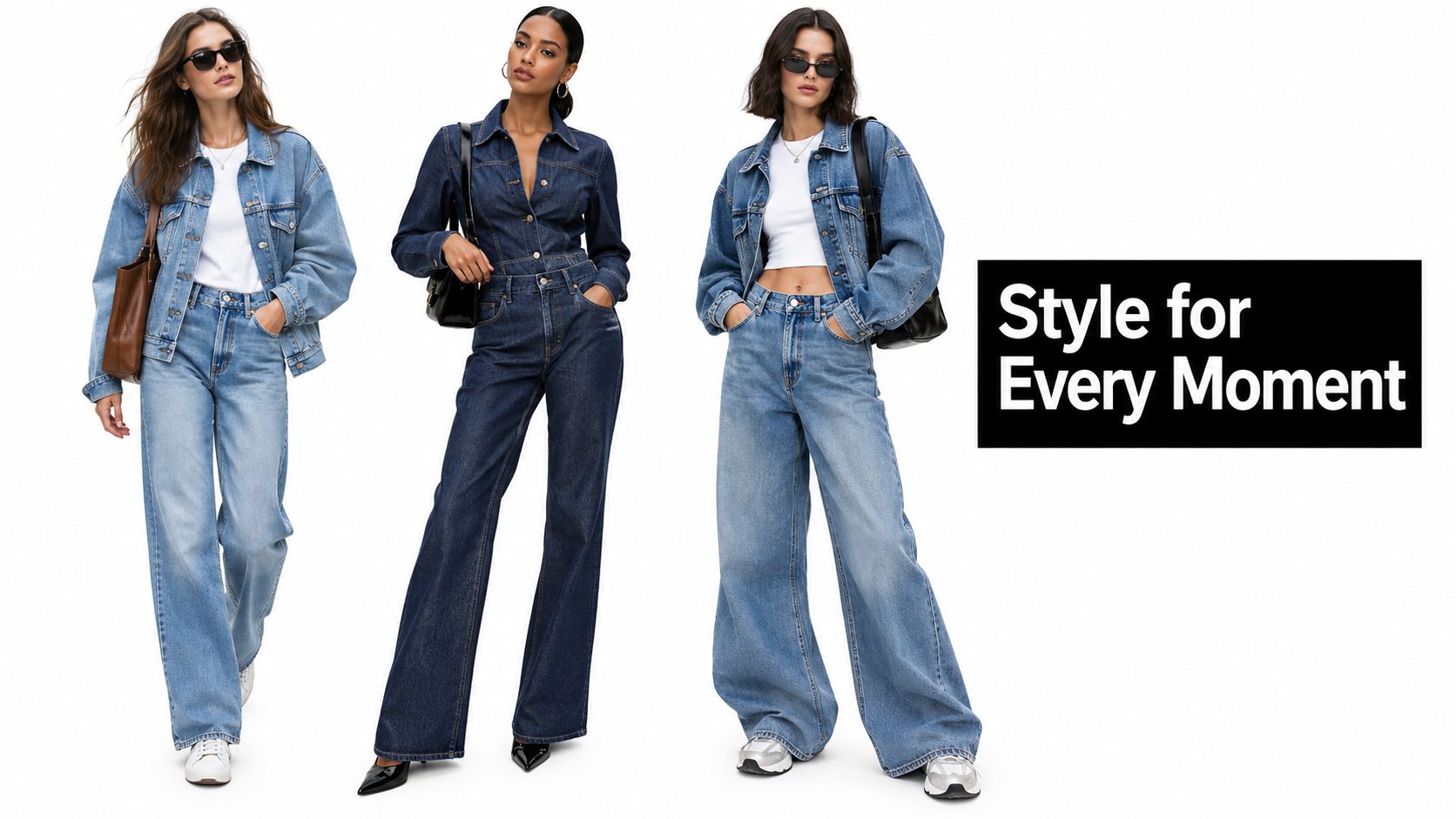 Three women modeling different denim outfits including wide-leg jeans, denim jackets, and a dark denim jumpsuit.