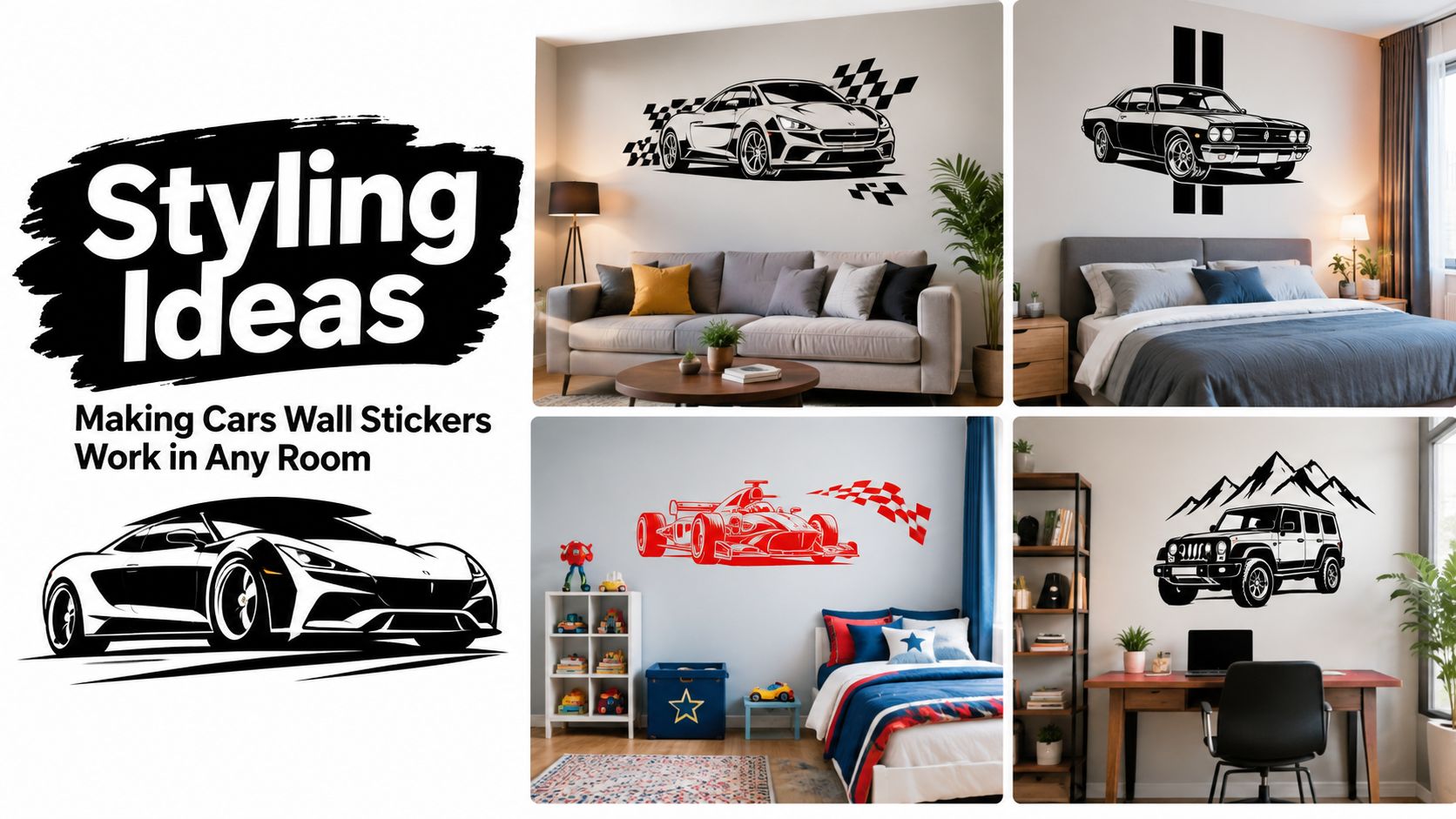 A collage showing various rooms decorated with modern car wall stickers as creative styling ideas for home interior.