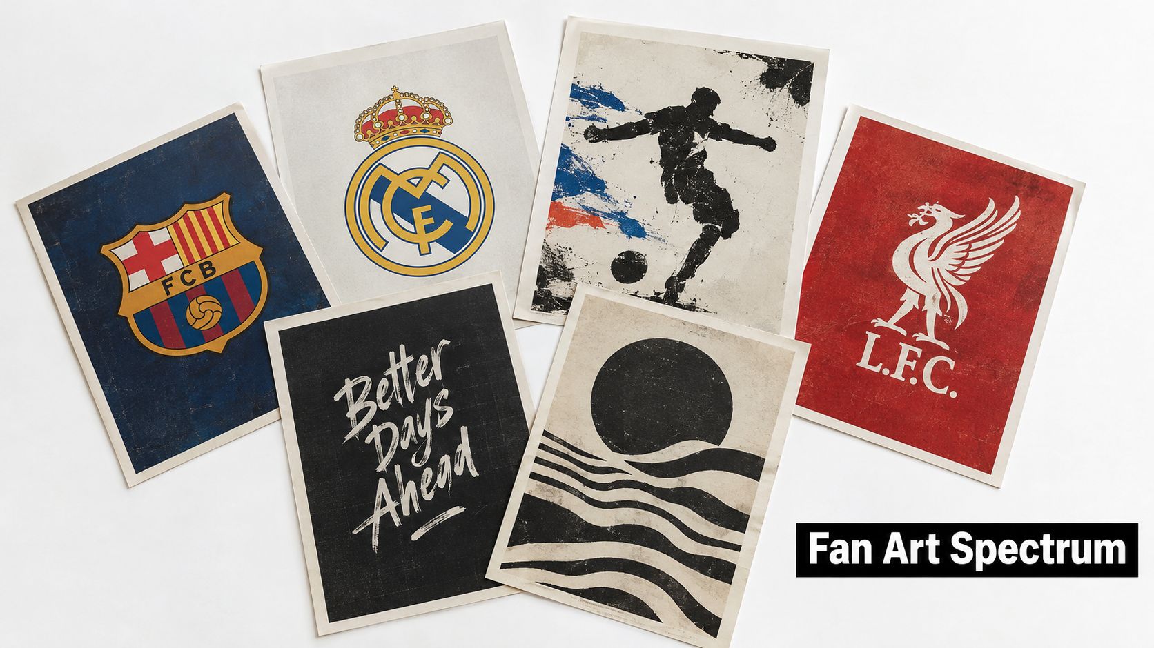A collection of sports-themed and abstract art prints displayed on a clean white surface.