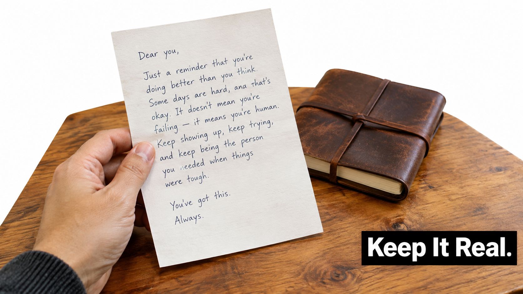 A hand holding a handwritten note with an encouraging message next to a leather-bound journal.