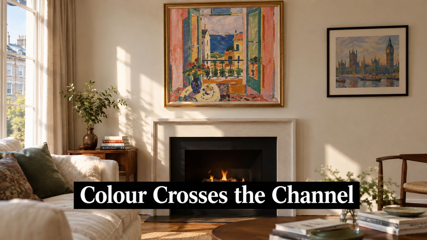 A cozy living room features a large Matisse painting above a stone fireplace, framed by sunlight.
