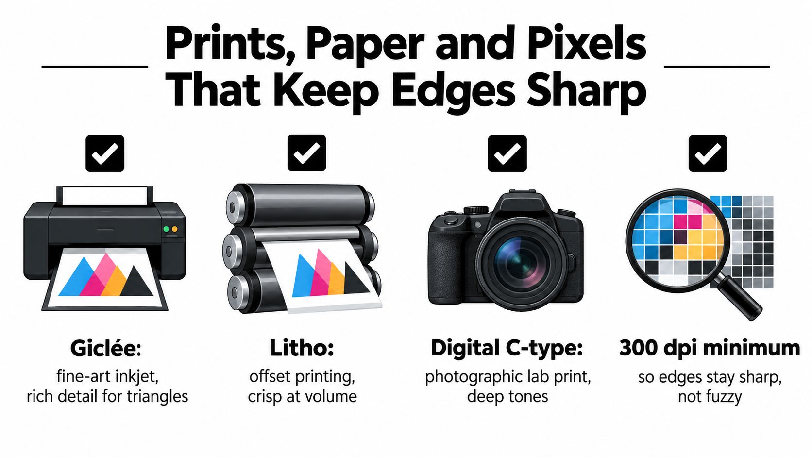 A graphic showing four high-quality printing methods including Giclée, Litho, Digital C-type, and 300 dpi requirements.