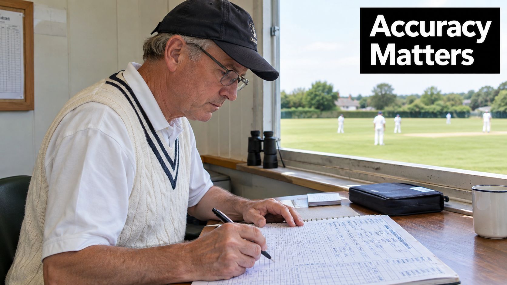 A focused scorer in cricket attire records match details in a manual scorebook inside a pavilion.