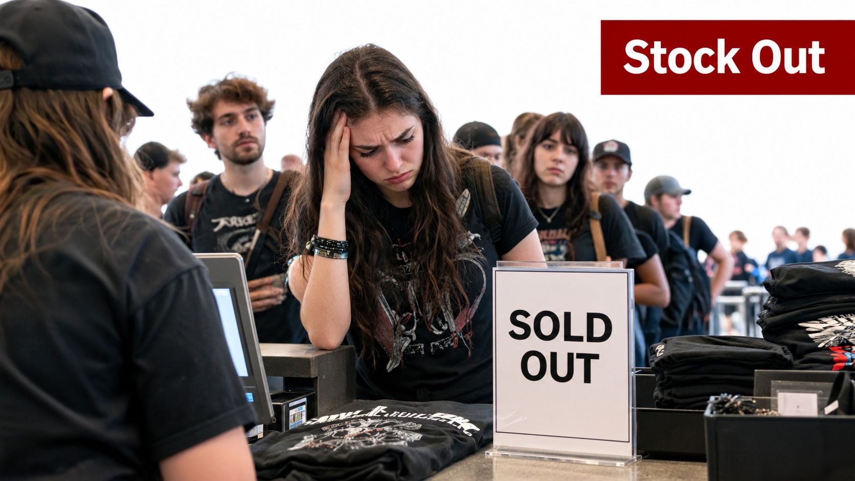 A disappointed fan reacting to a sold out sign at a merchandise stand during a music event.