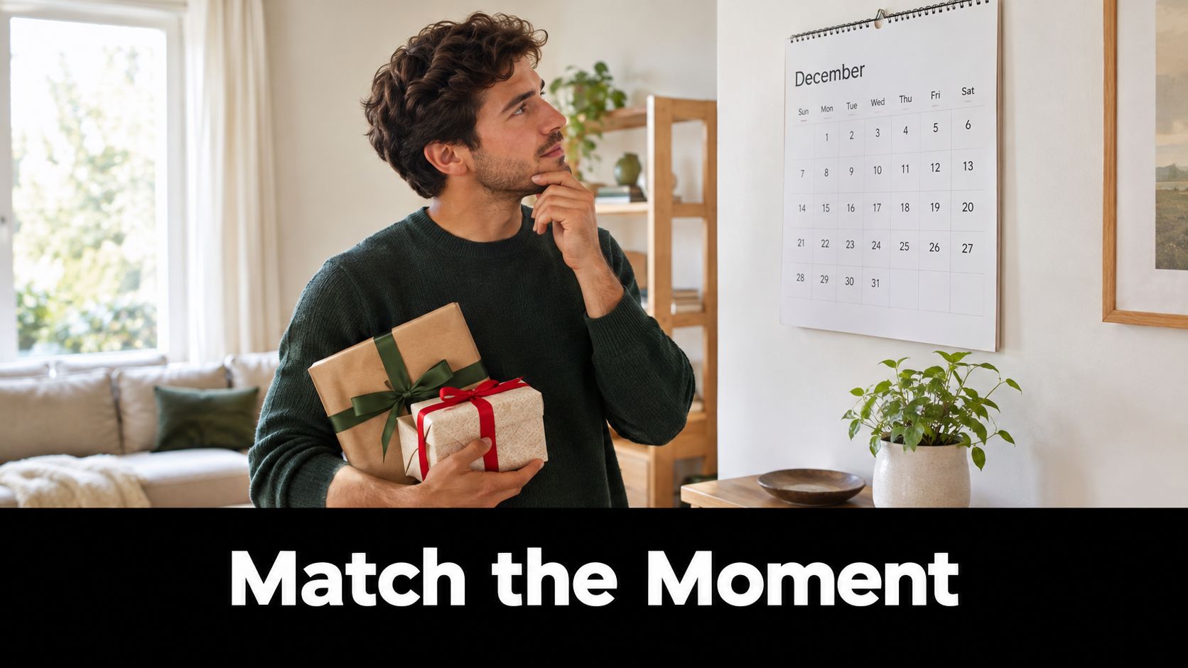 A man in a green sweater holding two wrapped gifts while looking thoughtfully at a December calendar.