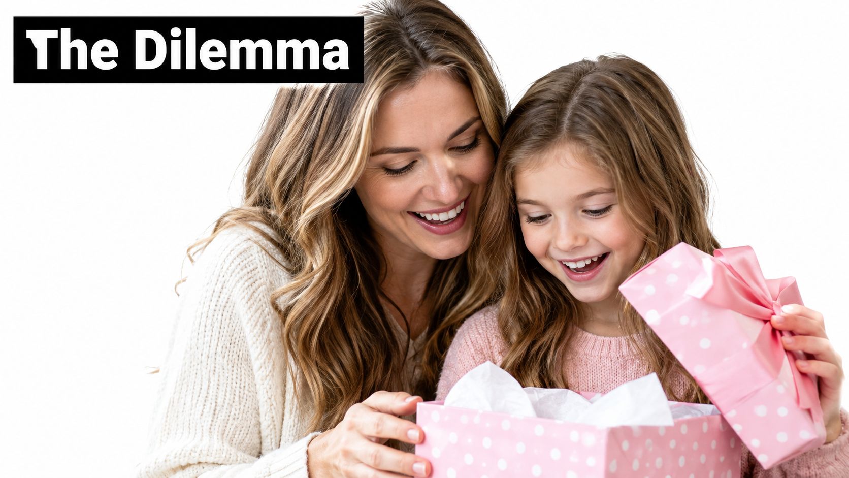 A happy mother and her daughter opening a pink polka dot gift box together while smiling.