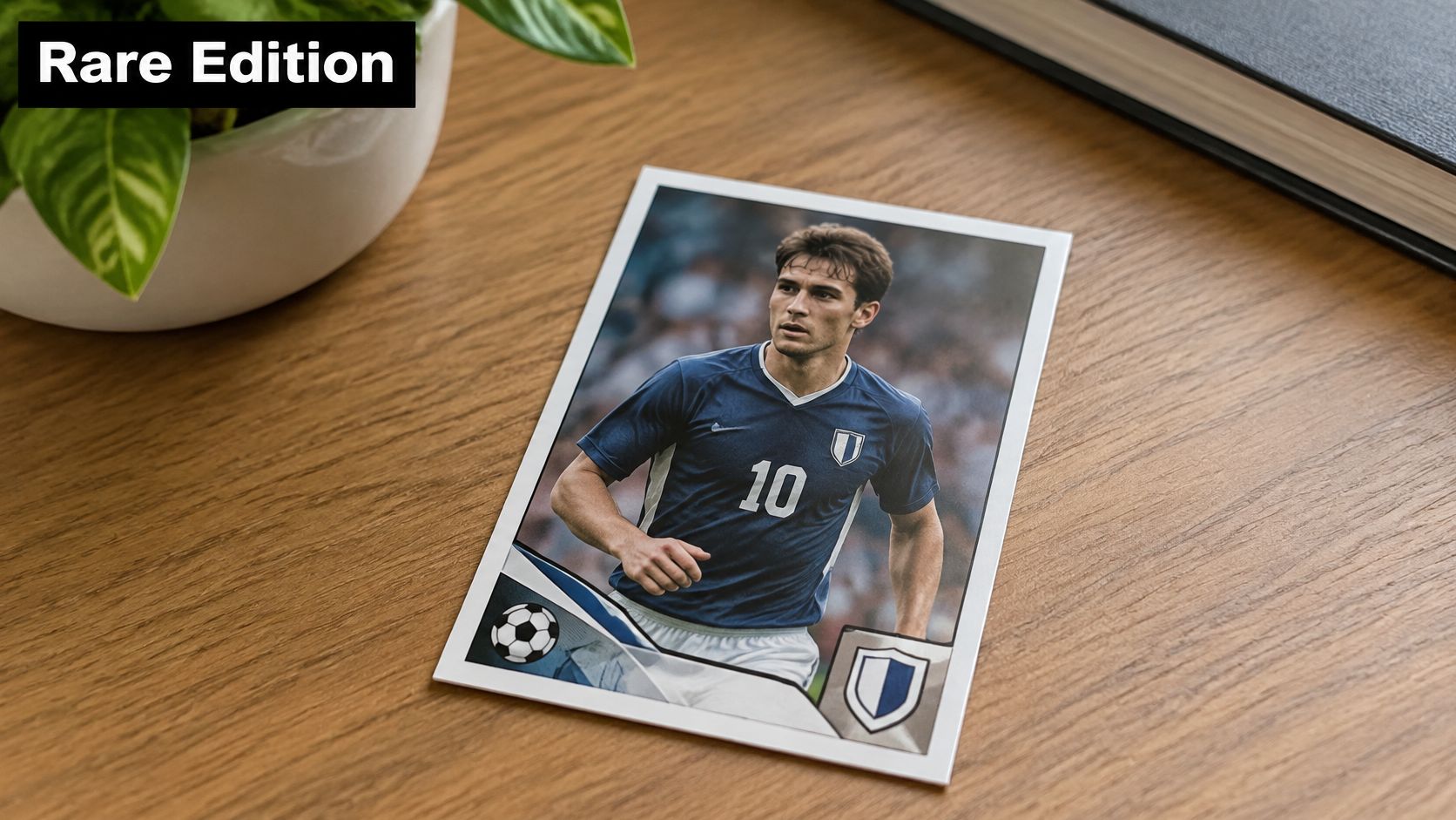 A rare football player collector card featuring a man in a blue jersey on a wooden table.