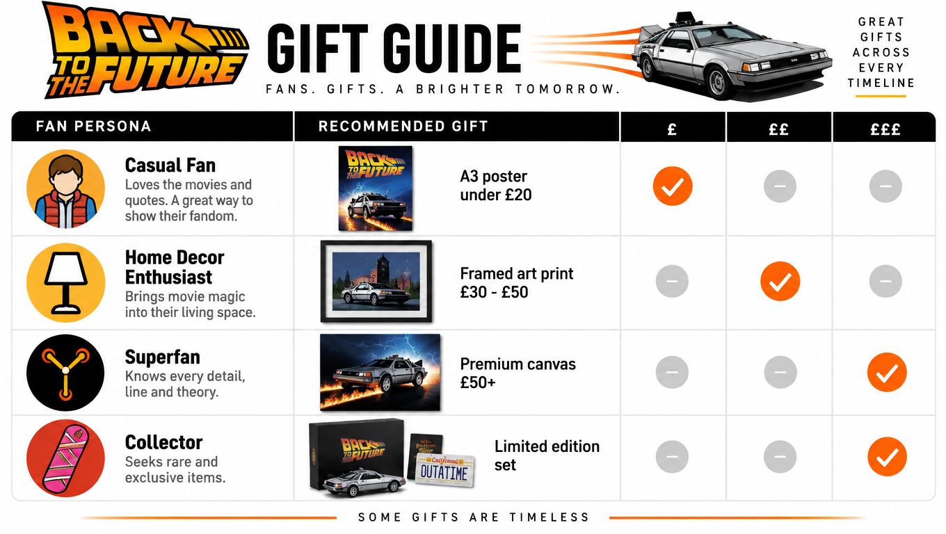 A Back to the Future gift guide table categorizing gift recommendations for different types of movie fans.