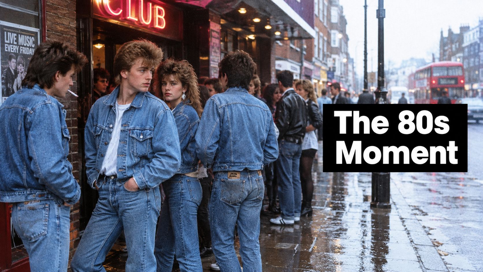 A group of young people standing outside a club wearing 1980s style double denim outfits.