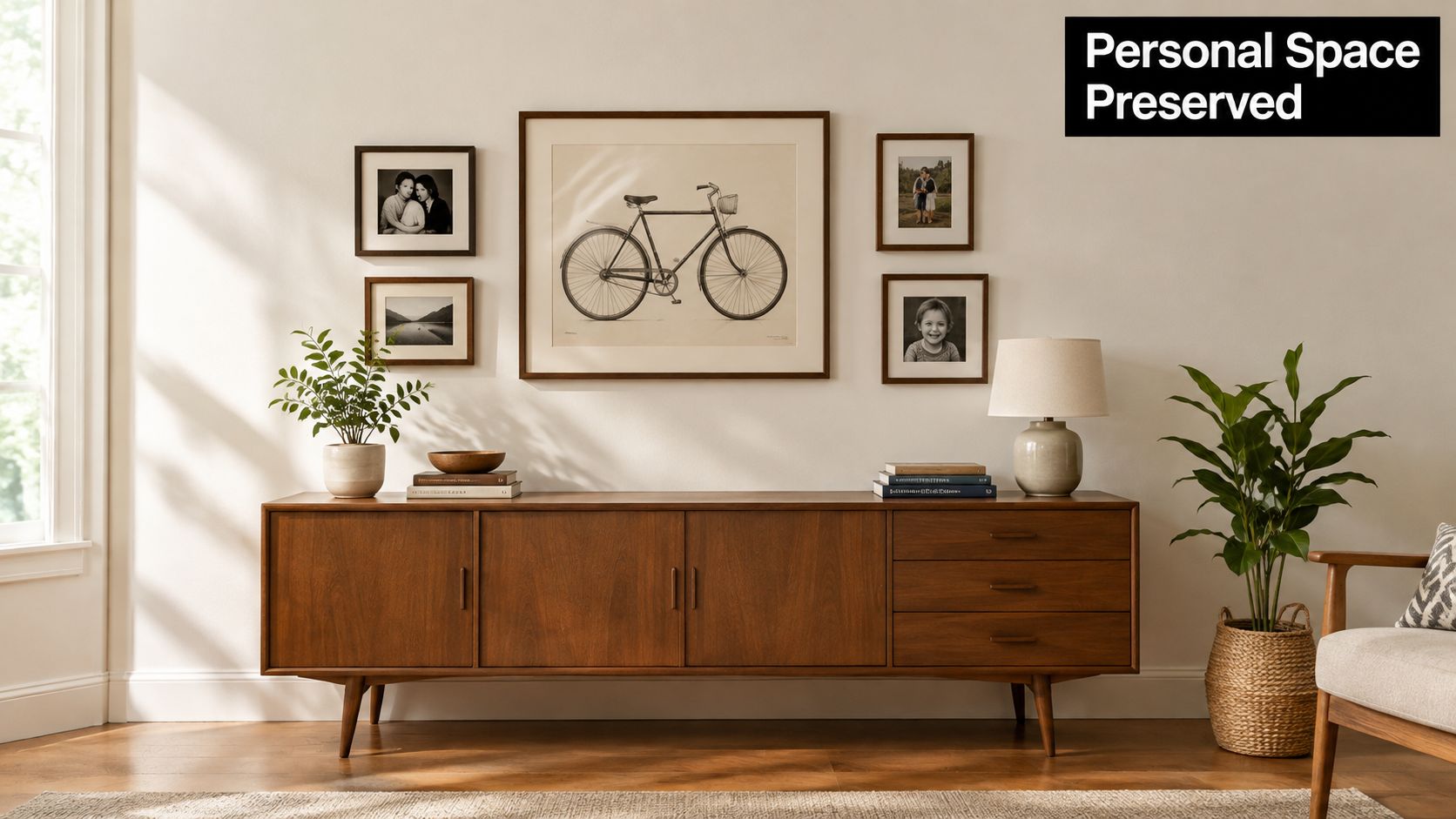 A mid-century modern wooden sideboard decorated with framed photos, a vintage bicycle sketch, and indoor plants.