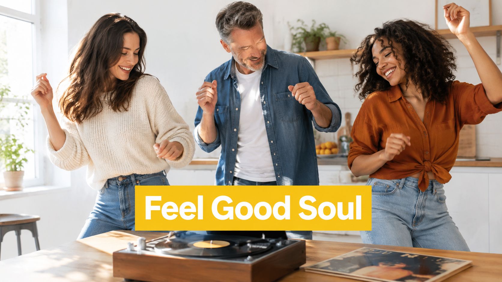 A happy man and two women dancing to music played on a vintage turntable in a kitchen.