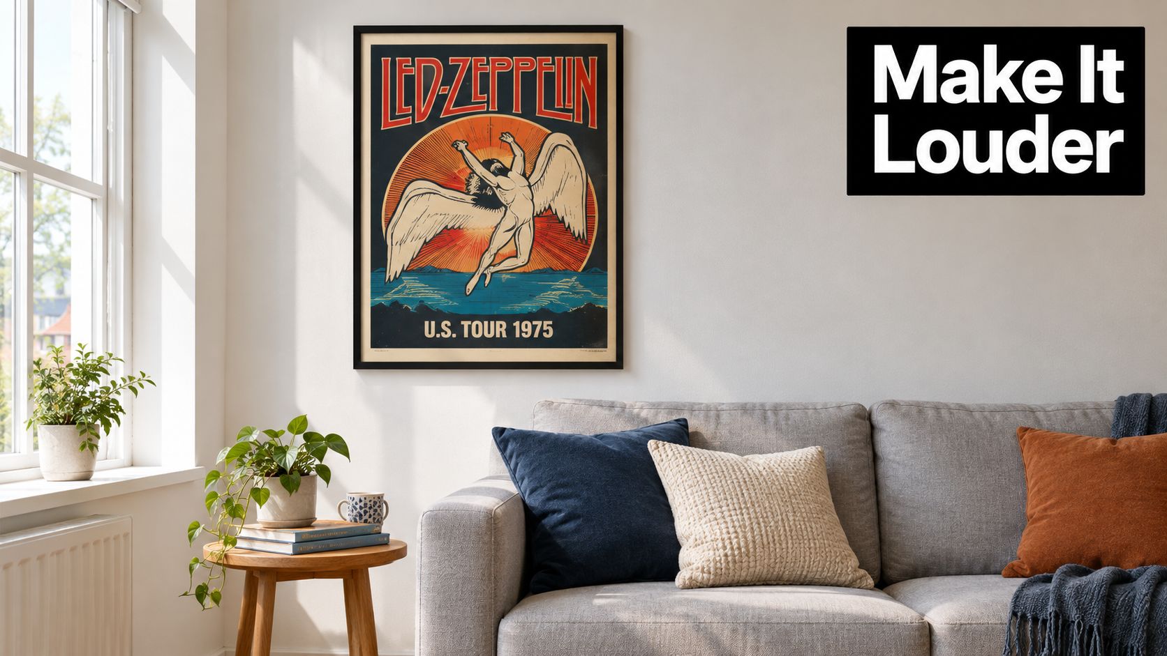 A framed vintage Led Zeppelin 1975 US tour concert poster hanging on a modern living room wall.