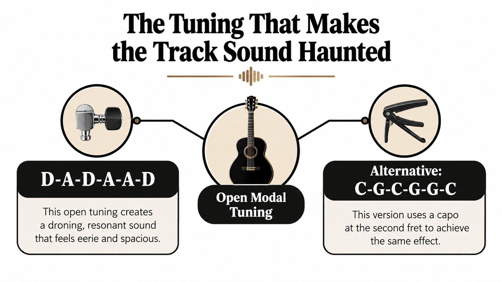 A graphic illustration detailing two guitar tunings for creating a haunting, atmospheric sound similar to Ben Howard.