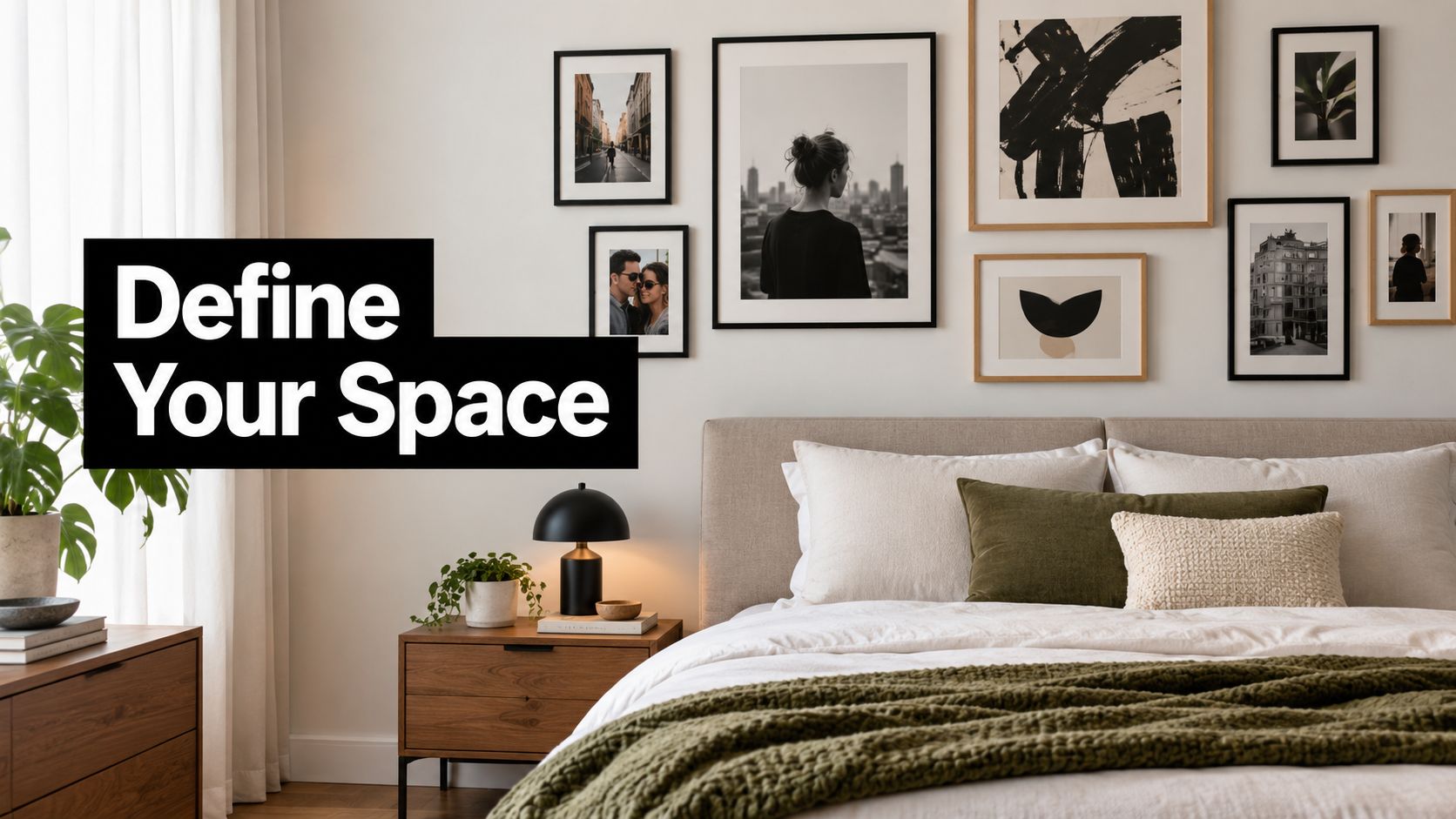 A modern, cozy bedroom featuring a gallery wall of framed artistic prints above a neutral upholstered bed.