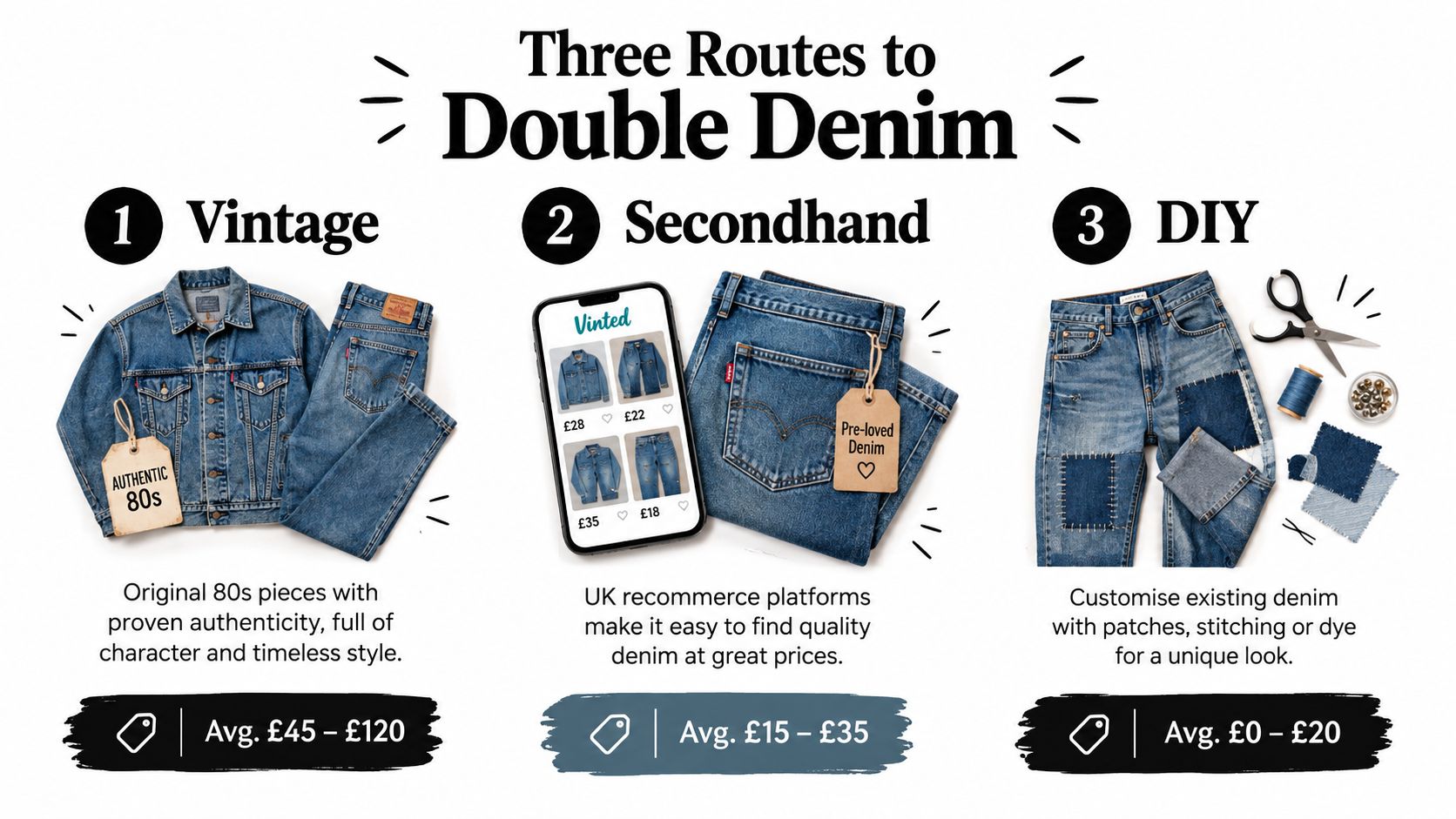 An infographic titled Three Routes to Double Denim showing vintage, secondhand, and DIY clothing options with prices.