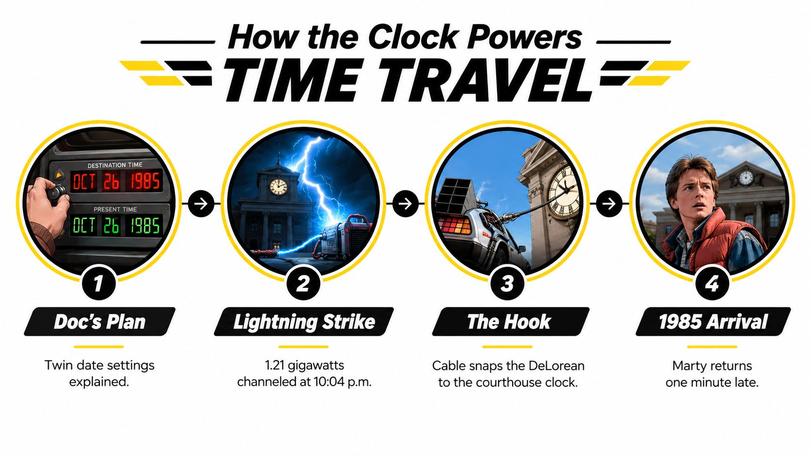 A four-step infographic illustrating how the courthouse clock tower powers time travel in Back to the Future.