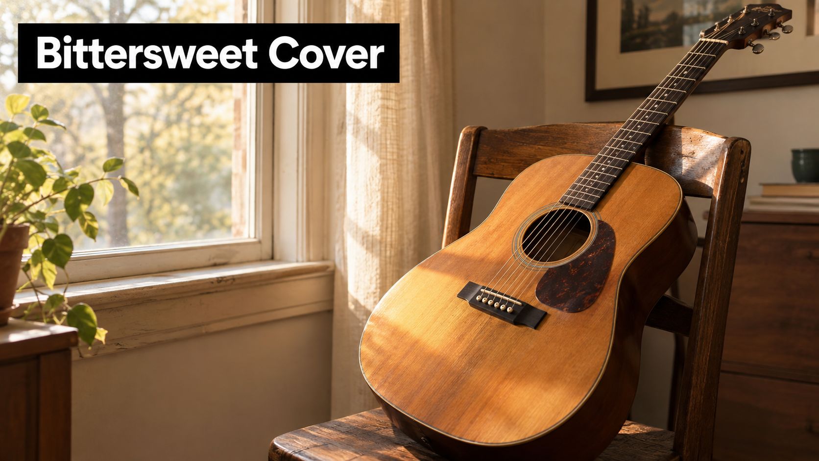 A wooden acoustic guitar resting on a rustic chair near a sunlit window with a plant.