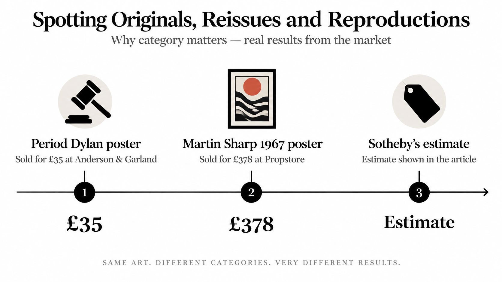A diagram comparing market prices of original and reproduction vintage Bob Dylan posters to highlight value differences.