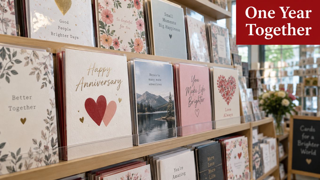 A retail store display featuring rows of greeting cards, including anniversary and floral designs on wooden shelves.