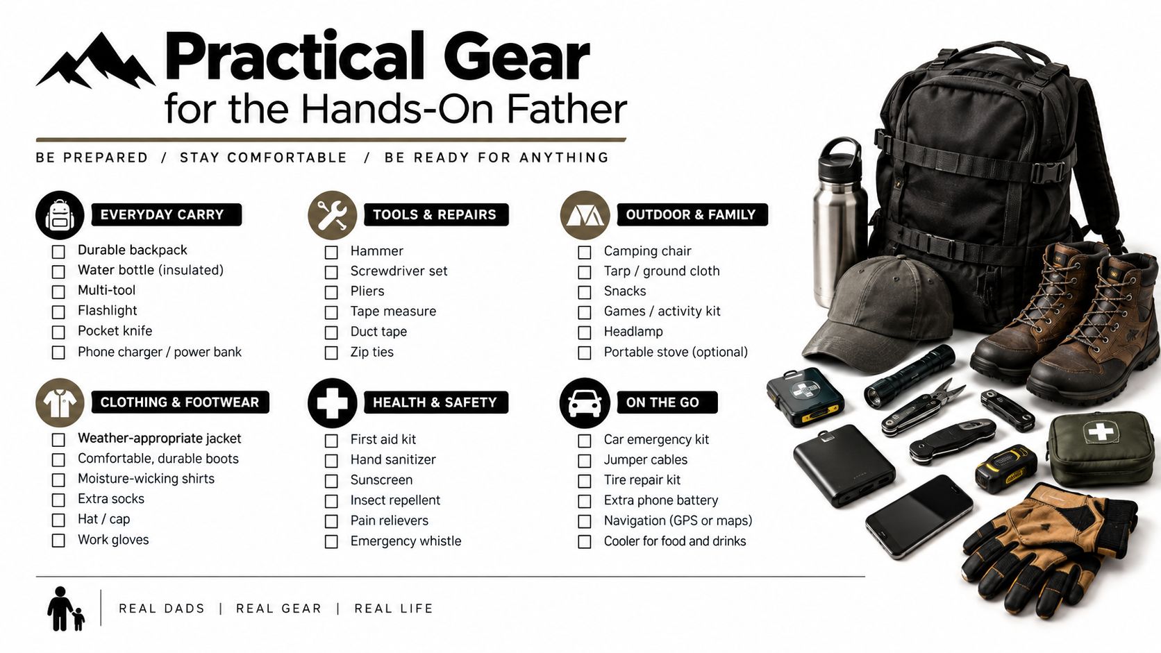 A checklist of essential gear for fathers, including backpacks, tools, first aid, and outdoor equipment for emergencies.