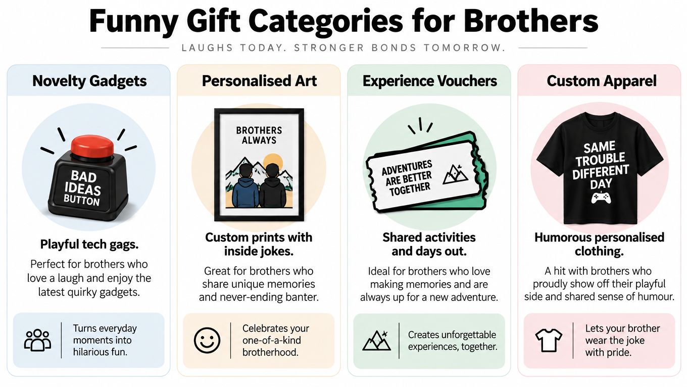 An infographic displaying four categories of funny gift ideas for brothers, including gadgets, art, vouchers, and apparel.