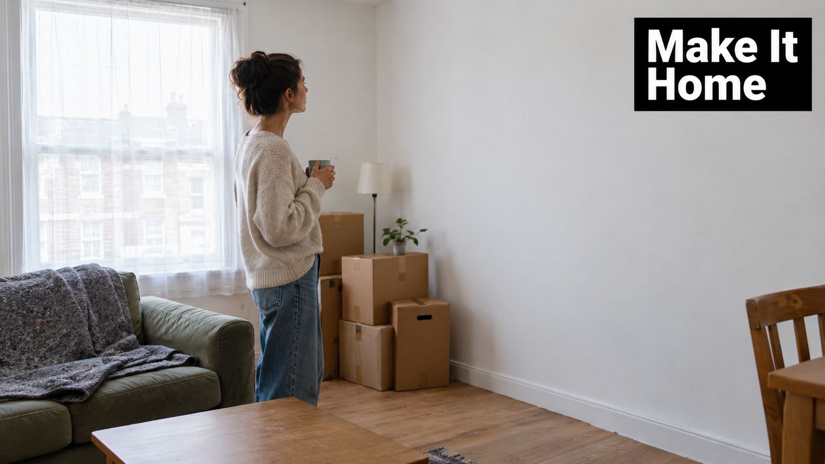 A young woman holding a coffee mug stands in a sparsely furnished, new home with cardboard boxes.