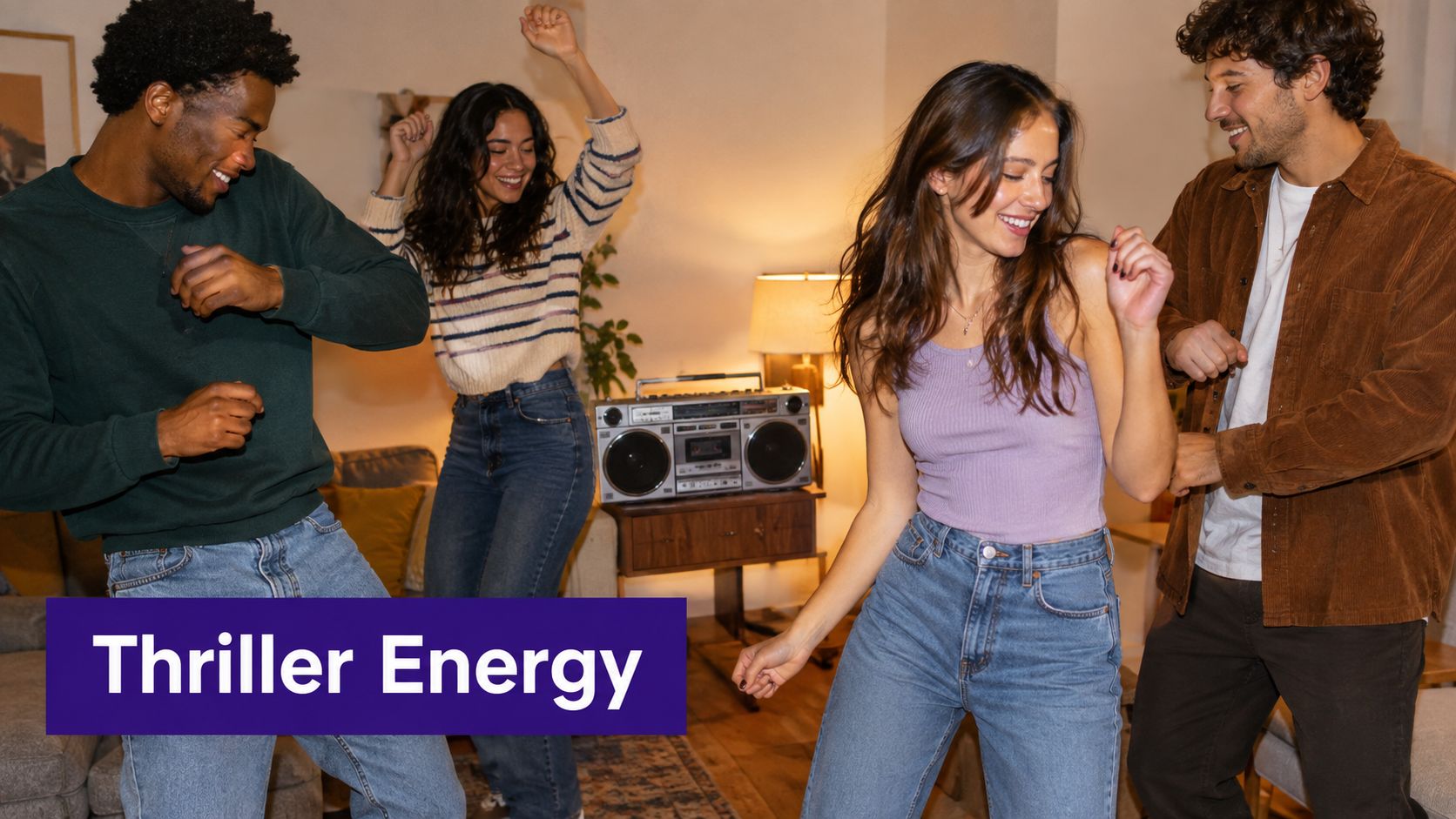 Four diverse young friends dancing energetically in a living room, smiling and having a great time together.
