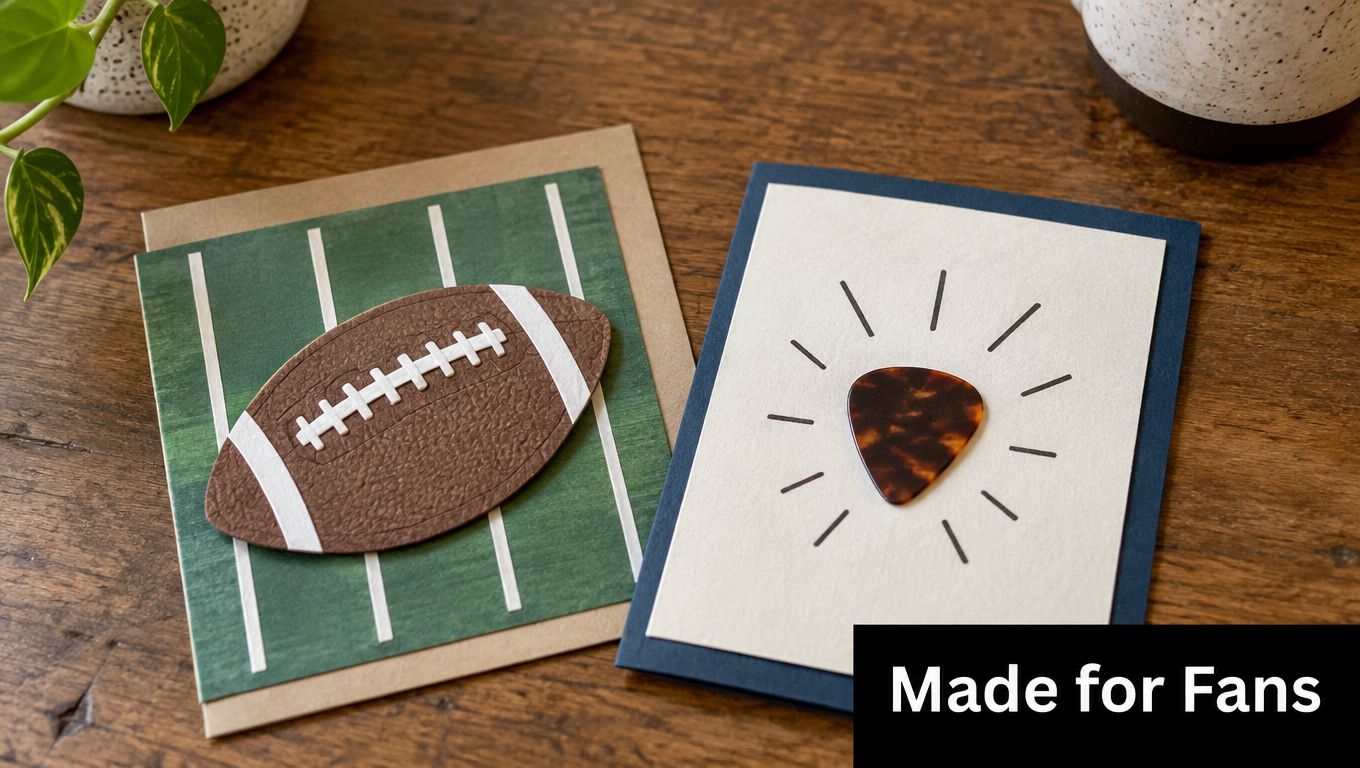 Two handmade greeting cards featuring a football design and a guitar pick design on a table.