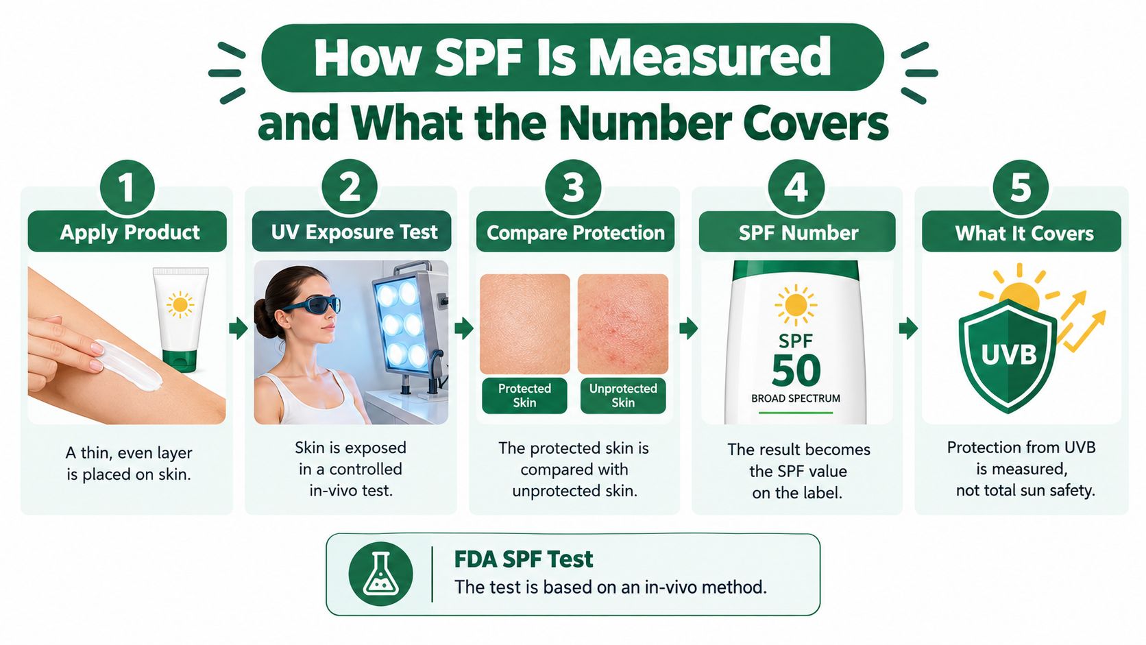 A diagram illustrating the five steps involved in the FDA SPF testing process for sunscreen products.