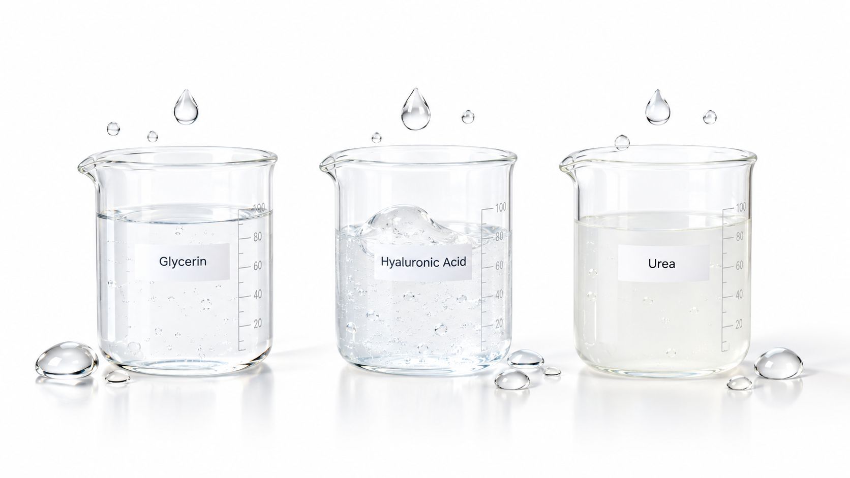 Three glass beakers containing transparent liquids labeled Glycerin, Hyaluronic Acid, and Urea on a white background.