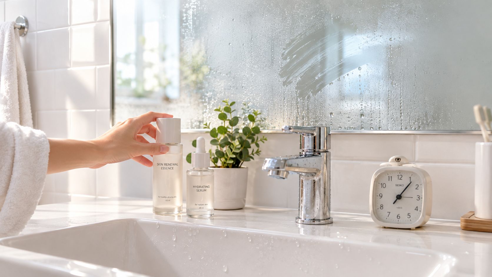 A person preparing morning skincare routine with essence and serum bottles near a misty bathroom mirror.
