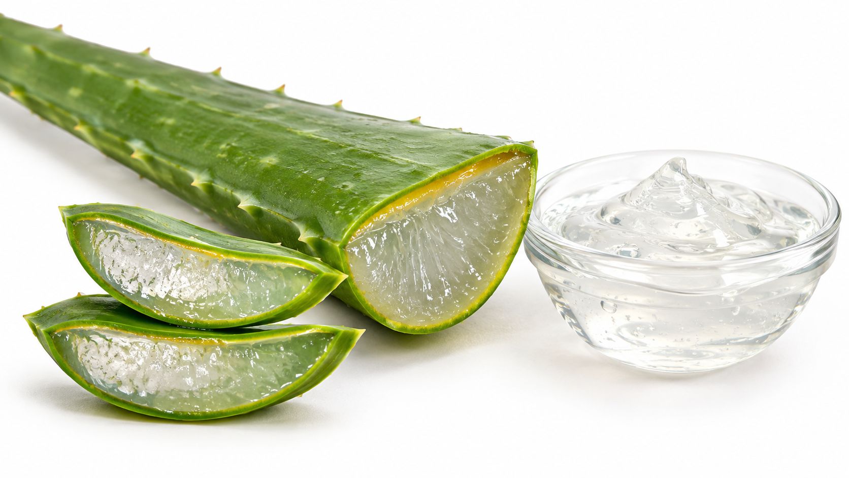 A fresh aloe vera leaf cut into slices alongside a clear glass bowl filled with aloe gel.