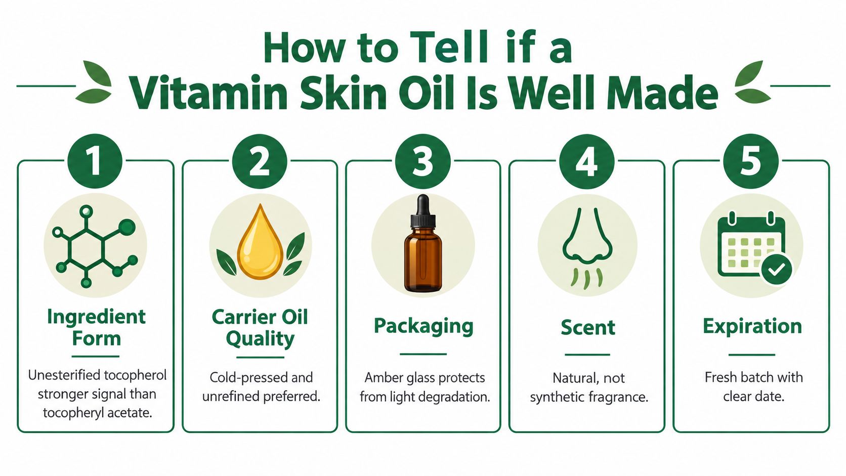 An infographic titled How to Tell if a Vitamin Skin Oil Is Well Made, featuring five numbered steps.