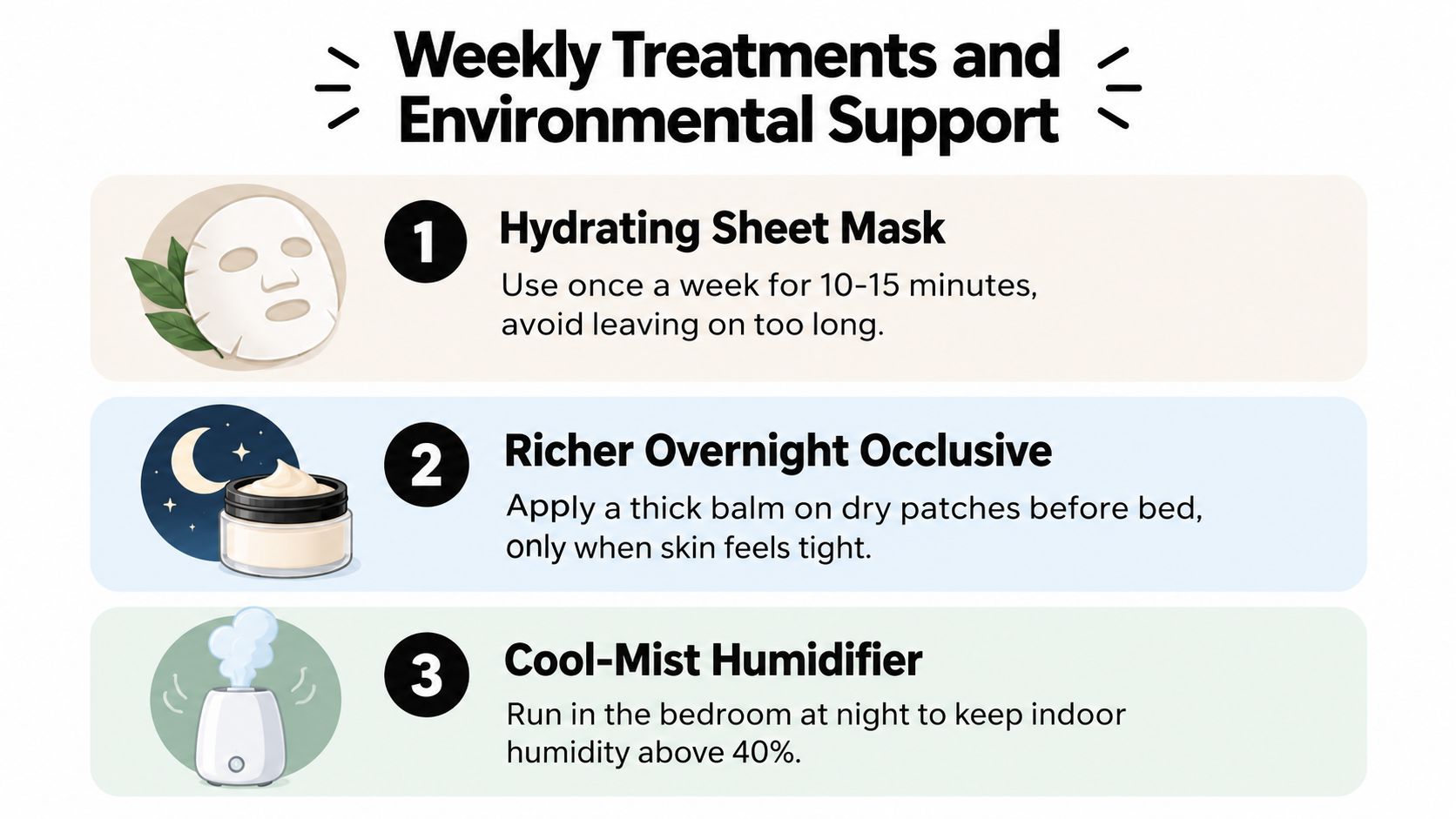 An infographic titled Weekly Treatments and Environmental Support listing three skincare tips including masks, occlusives, and humidifiers.